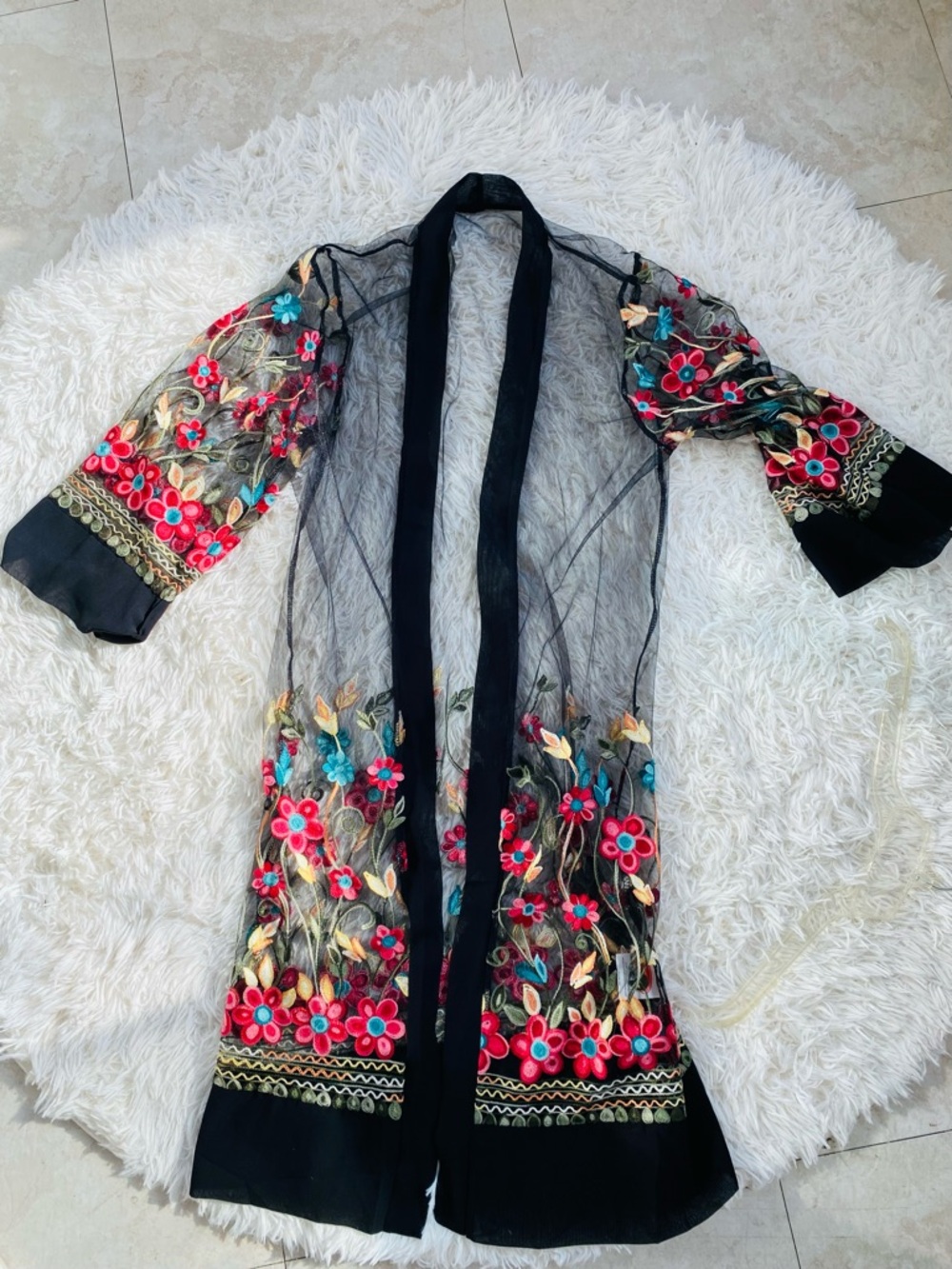 Ucho Ball Sheer Embroidered Kimono Duster Floral Mesh Boho Cover Up OS